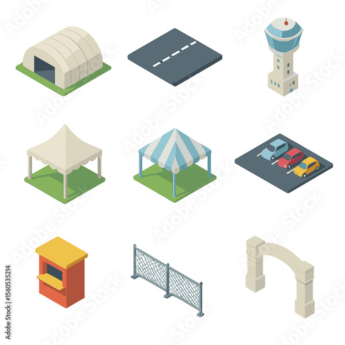 Event Logistics Icons. Isometric Flat icon set of event logistics infrastructure: temporary hangar, tarmac section, control tower,