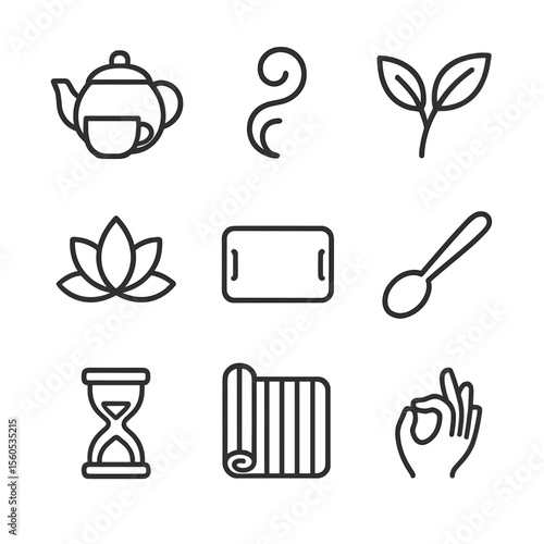Tea Ceremony Icons. Outline icon set of tea ceremony pause: teapot and cup, steam swirl, tea leaves, lotus coaster, ritual tray,