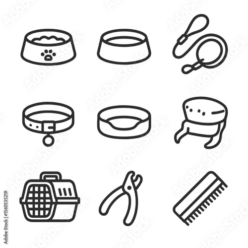 Pet Care Essentials Icons. Outline icon set of pet care essentials: food bowl, water bowl, leash, collar, pet bed, grooming brush,