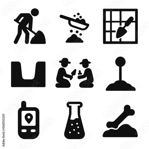 Excavation Icon Set. Solid, filled icon set of excavation process: digging, sifting soil, site grid, trench, archaeological team,