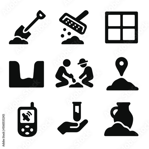 Excavation Icon Set. Solid, filled icon set of excavation process: digging, sifting soil, site grid, trench, archaeological team,