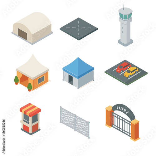 Event Logistics Icons. Isometric Flat icon set of event logistics infrastructure: temporary hangar, tarmac section, control tower,