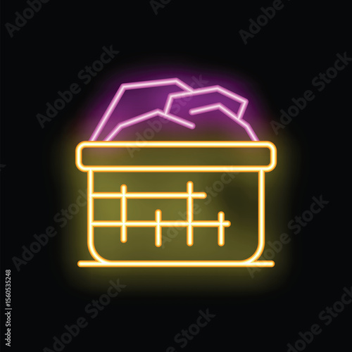 Glowing neon icon of a wicker basket full of hot stones for a relaxing sauna session
