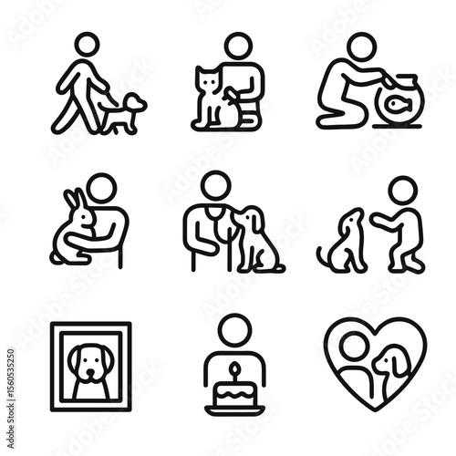 Pet Owner Icon Moments. Outline icon set of pet-owner moments: walking dog, brushing cat, feeding fish, cuddling rabbit, vet