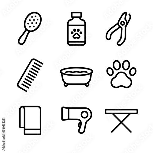Pet Grooming Icons. Outline icon set of daily pet grooming: brush, shampoo bottle, nail clippers, comb, pet bath tub, paw print,