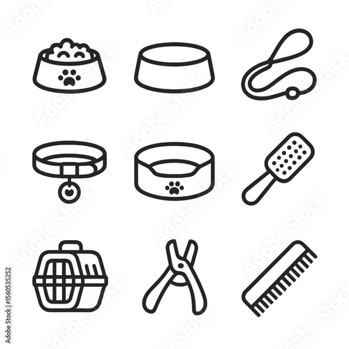 Pet Care Essentials Icons. Outline icon set of pet care essentials: food bowl, water bowl, leash, collar, pet bed, grooming brush,