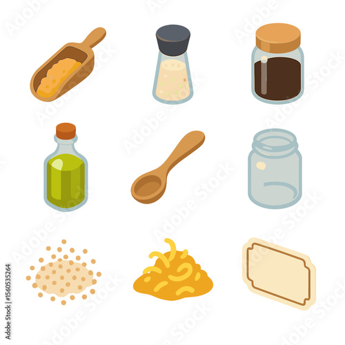 Exfoliation Scrub Icons. Isometric Flat icon set of exfoliation scrub crafting: sugar scoop, salt grinder, coffee grounds jar,