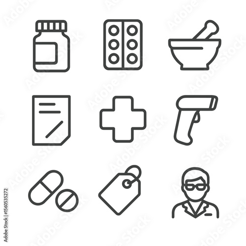 Pharmacy Icon Set. Outline icon set of affordable pharmacy services: pill bottle, blister pack, mortar and pestle, pharmacy cross