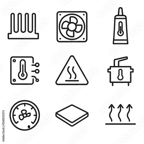 Temperature Regulation Icons. Outline icon set of temperature regulation in electronics: heat sink, cooling fan, thermal paste