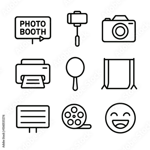 Photobooth Icon Set. Outline icon set of photobooth accessories and signage: photo booth sign, selfie stick, DSLR camera, printer