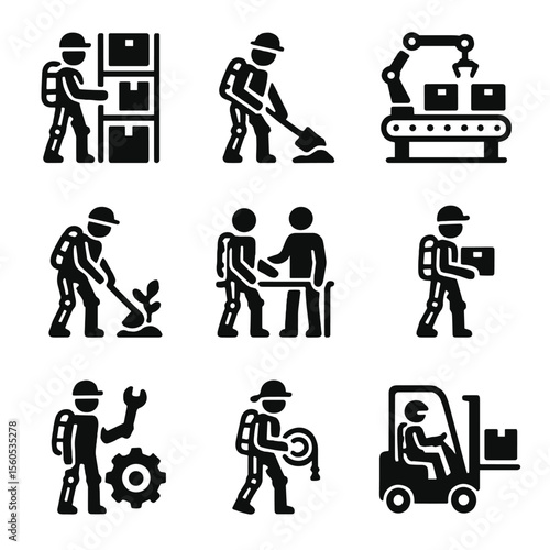 Exoskeleton Occupations Icons. Solid, filled icon set of Occupational use of exoskeletons: warehouse worker, construction worker