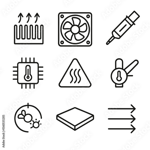 Temperature Regulation Icons. Outline icon set of temperature regulation in electronics: heat sink, cooling fan, thermal paste