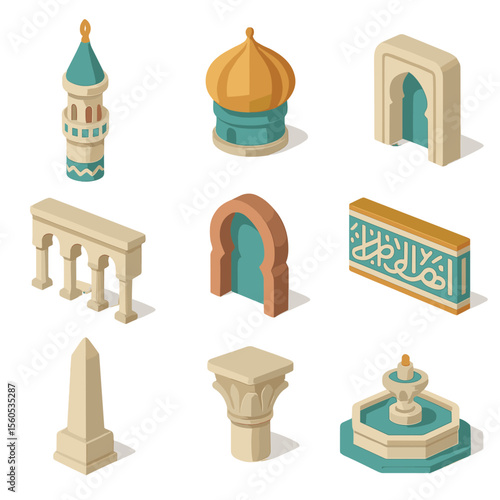 Isometric Temple and Mosque Icons. Isometric Flat icon set of temple and mosque architectural elements: minaret tower, onion dome,