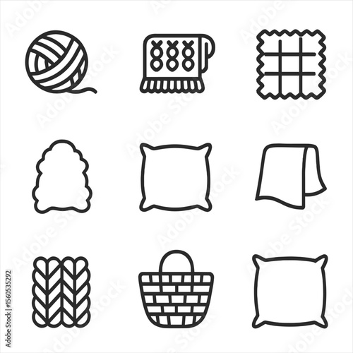 Textile Icon Collection. Outline icon set of soft textiles and textures: wool yarn ball, knitted throw, flannel fabric swatch,