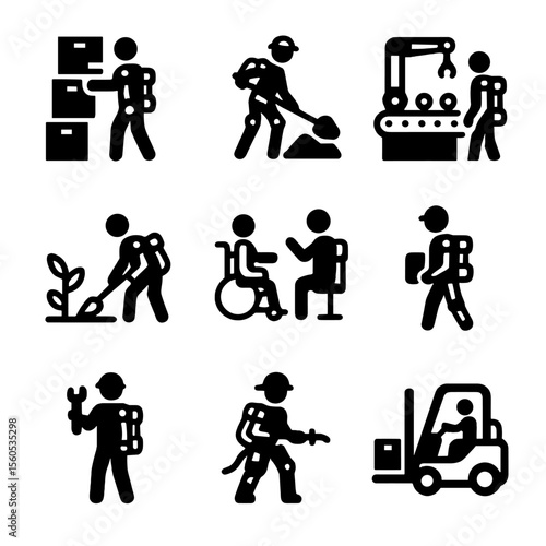Exoskeleton Occupations Icons. Solid, filled icon set of Occupational use of exoskeletons: warehouse worker, construction worker