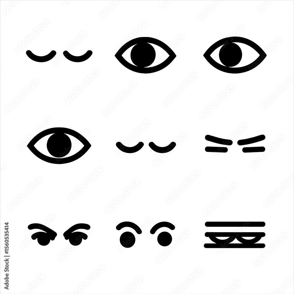 Eye Icons Grid. Solid, filled icon set of eyes and gaze directions: downcast gaze, side glance, upward look, direct stare, closed Eye Icons Grid. Solid, filled icon set of eyes and gaze directions: downcast gaze, side glance, upward look, direct stare, closed