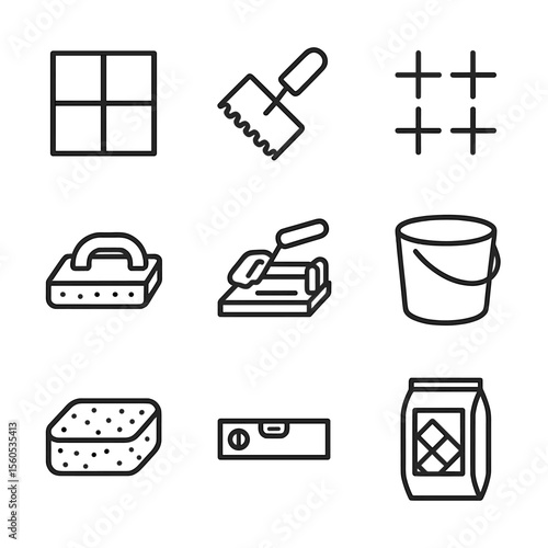 Tile Laying Icons. Outline icon set of Tile Flooring Laying: ceramic tile, notched trowel, tile spacers, grout float, tile cutter,