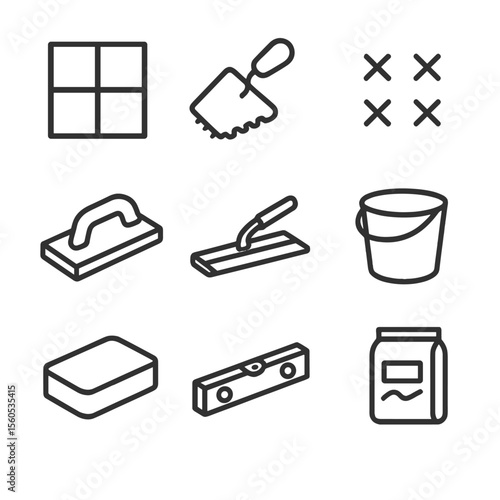Tile Laying Icons. Outline icon set of Tile Flooring Laying: ceramic tile, notched trowel, tile spacers, grout float, tile cutter,