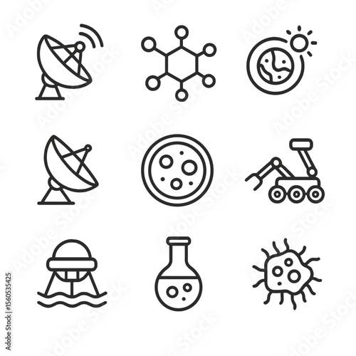 Extraterrestrial Search Icons. Outline icon set of extraterrestrial life search: radio telescope signal, biosignature molecule,