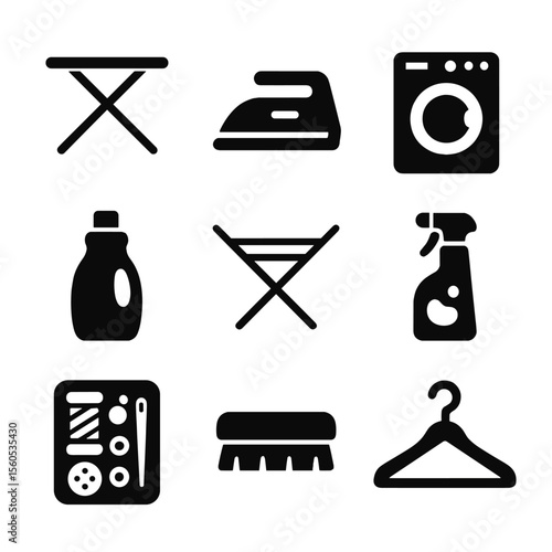 Fabric Care Icons. Solid, filled icon set of fabric care essentials: ironing board, iron, washing machine, fabric softener bottle,