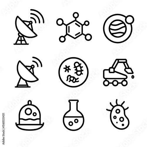 Extraterrestrial Search Icons. Outline icon set of extraterrestrial life search: radio telescope signal, biosignature molecule,
