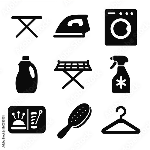 Fabric Care Icons. Solid, filled icon set of fabric care essentials: ironing board, iron, washing machine, fabric softener bottle,