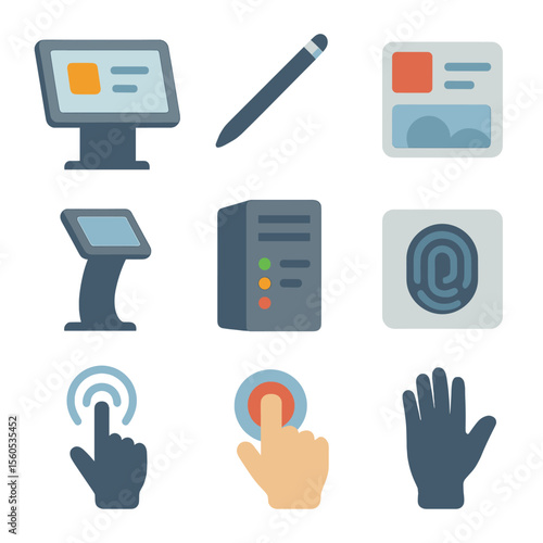 Touchscreen Kiosk Icon Set. Isometric Flat icon set of interactive touchscreen kiosks: touchscreen panel, stylus, UI element icons