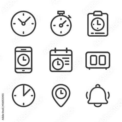 Time Management Icons. Outline icon set of time management for presentations: clock, stopwatch, agenda, timer app, schedule