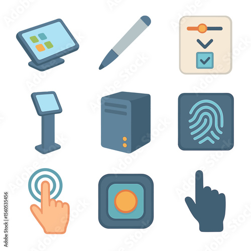 Touchscreen Kiosk Icon Set. Isometric Flat icon set of interactive touchscreen kiosks: touchscreen panel, stylus, UI element icons