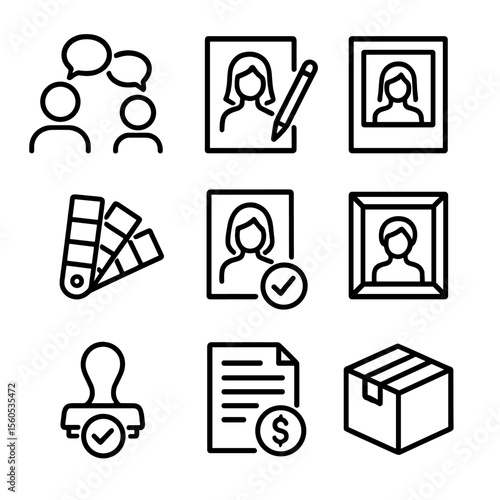 Portrait Commission Icons. Outline icon set of Portrait commission process: client consultation, concept sketch, reference photo,
