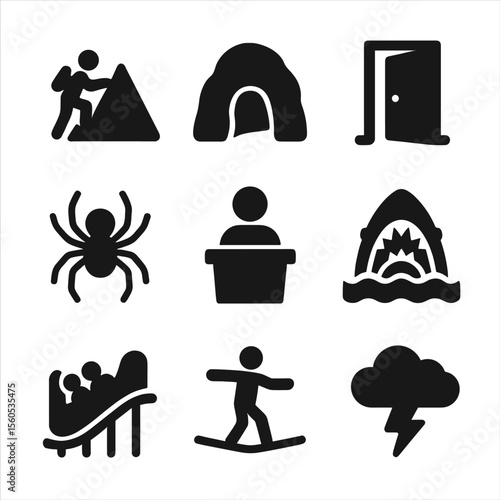 Facing Common Fears. Solid, filled icon set of challenging fears: mountain climb, dark cave, open door, spider, public speaking,