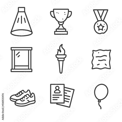 Fading Ambitions Icons. Outline icon set of Fading Ambitions: dim spotlight, forgotten trophy, rusted medal, empty trophy case,