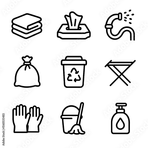 Post-Party Cleanup Icons. Outline icon set of post-party cleanup: towel pile, wet wipes, hose spray, trash bag, recycle bin,