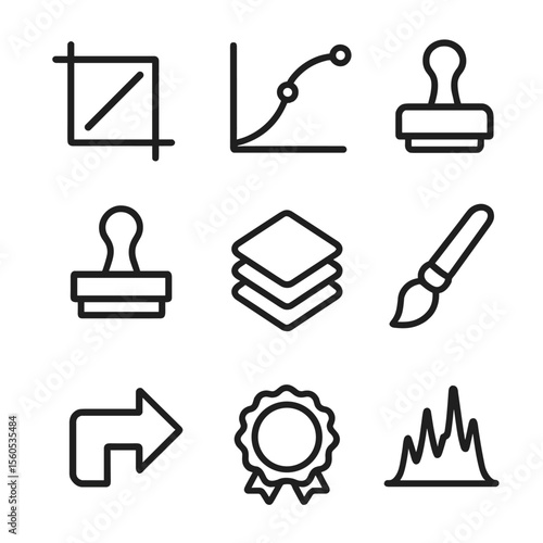 Post-Processing Tools Icons. Outline icon set of post-processing tools: crop tool, curve adjustment, saturation slider, clone