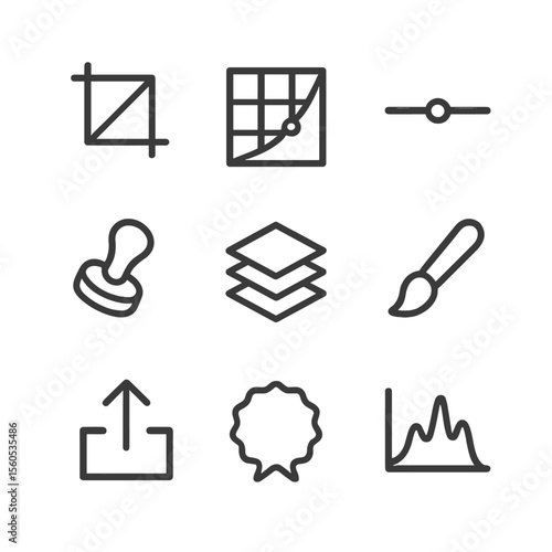 Post-Processing Tools Icons. Outline icon set of post-processing tools: crop tool, curve adjustment, saturation slider, clone