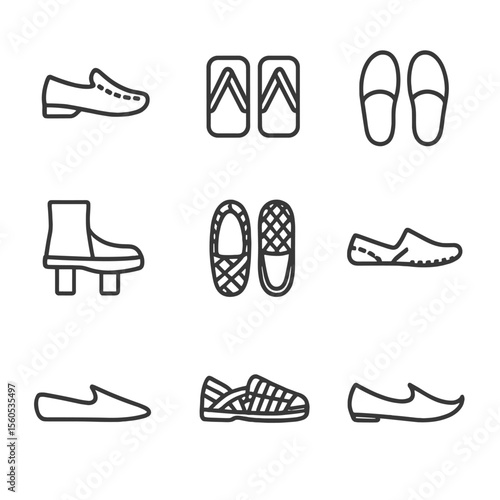 Traditional Footwear Icons. Outline icon set of traditional footwear and accessories: moccasins, geta sandals, espadrilles, okobo