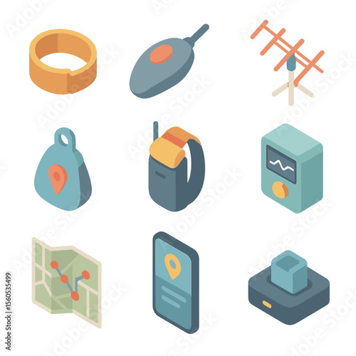 Tracking Technology Icons. Isometric Flat icon set of tagging and tracking technologies: leg band ring, satellite tracking tag,