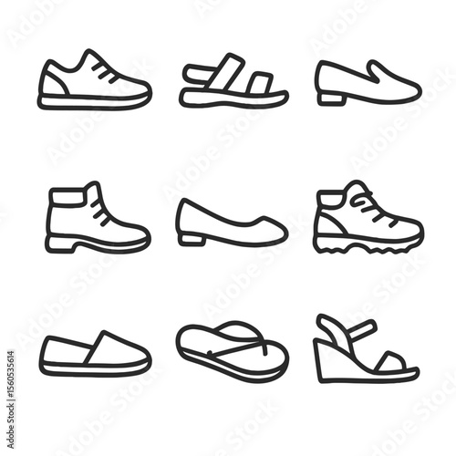 Travel Footwear Icons. Outline icon set of travel footwear collection: sneakers, sandals, loafers, ankle boots, ballet flats,