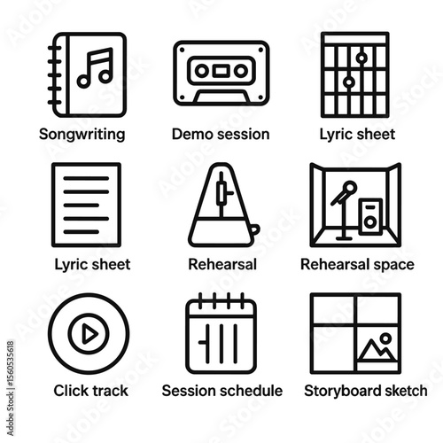Pre-Production Icon Set. Outline icon set of pre-production planning: songwriting notebook, demo session tape, chord chart, lyric