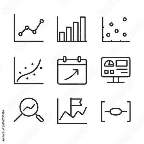 Predictive Analytics Icons. Outline icon set of predictive analytics in business: line chart, bar graph, scatter plot, regression