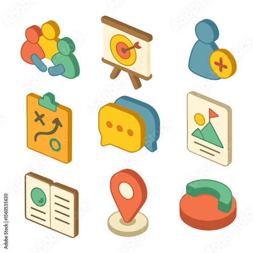 Family Game Icons. Isometric Flat icon set of cooperative family games: teamwork emblem, shared goal board, helper pawn, strategy