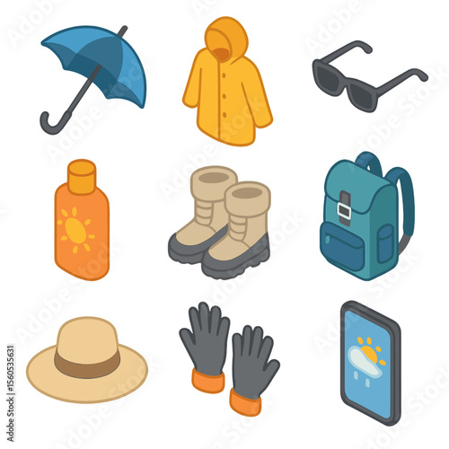 Travel Weather Essentials. Isometric Flat icon set of travel weather preparedness: umbrella, raincoat, sunglasses, sunscreen