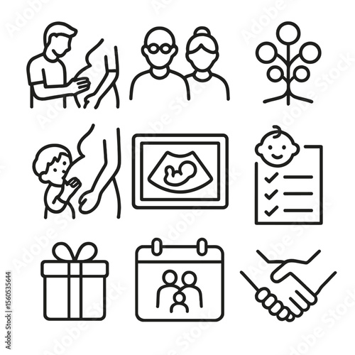 Family Involvement Icons. Outline icon set of family involvement and paternity: father hand on belly, sibling peeking over bump,
