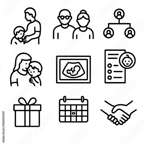 Family Involvement Icons. Outline icon set of family involvement and paternity: father hand on belly, sibling peeking over bump,