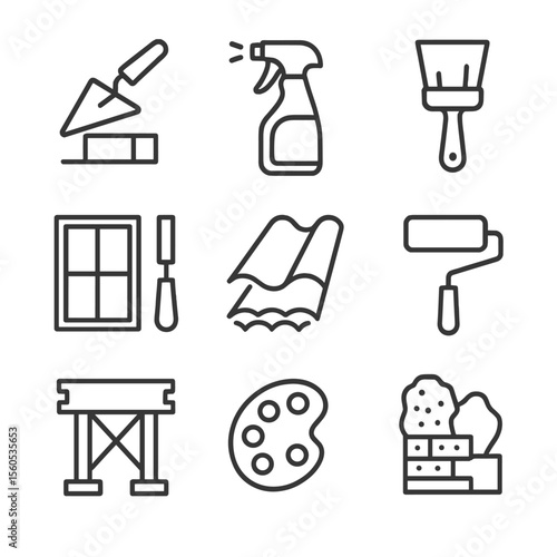 Preservation Techniques Icons. Outline icon set of preservation techniques: brick repointing trowel, facade cleaning spray, wood