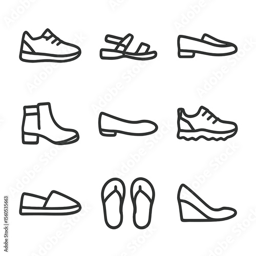 Travel Footwear Icons. Outline icon set of travel footwear collection: sneakers, sandals, loafers, ankle boots, ballet flats,