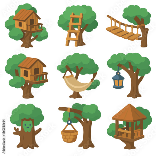 Treehouse Icon Set. Isometric Flat icon set of treehouses with tree residents: multi-level treehouse, wooden ladder, rope bridge,