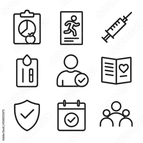 Preventive Care Icon Set. Outline icon set of preventive care programs: healthy diet chart, exercise flyer, vaccination syringe,