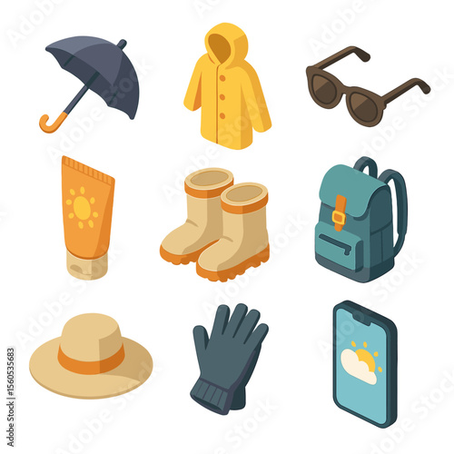 Travel Weather Essentials. Isometric Flat icon set of travel weather preparedness: umbrella, raincoat, sunglasses, sunscreen