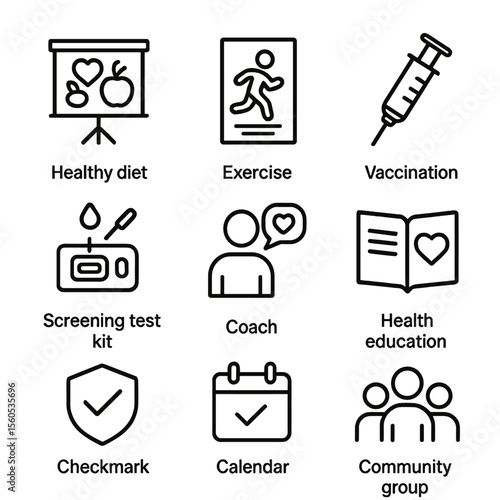 Preventive Care Icons. Outline icon set of preventive care programs: healthy diet chart, exercise flyer, vaccination syringe,